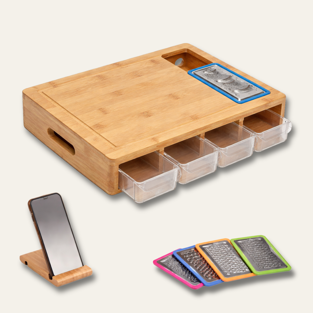 Bamboo Chopping Board Set (With Built In Graters & Containers)